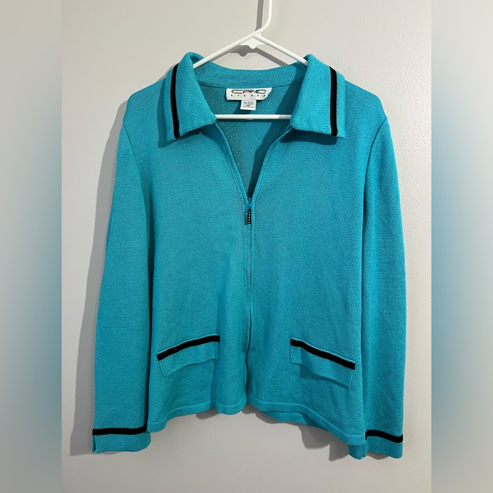 Chic Turquoise Zip-Up Sweater with Black Accents.  Two piece set